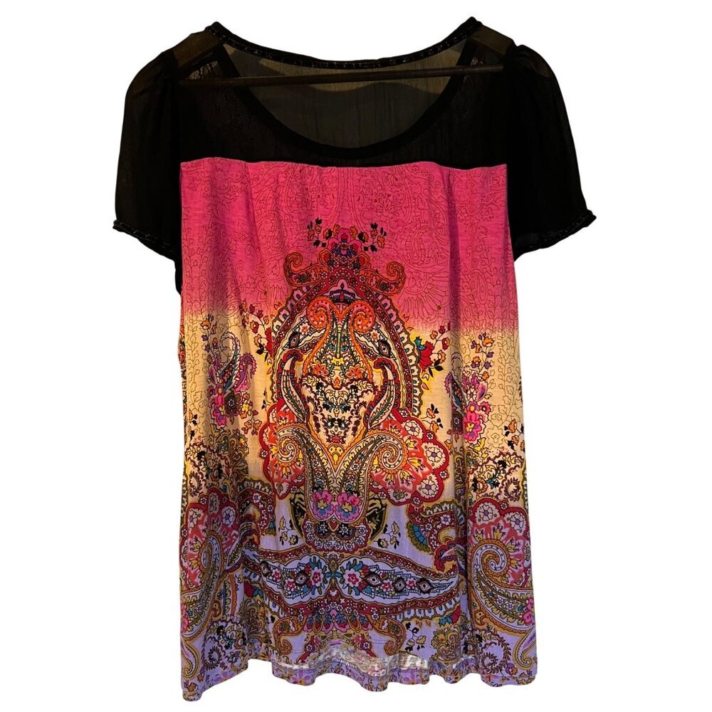 Bila Vintage Y2K Paisley Print Sheer Lace Black Top XXL‎ Boho Hippie - Picture 2 of 5